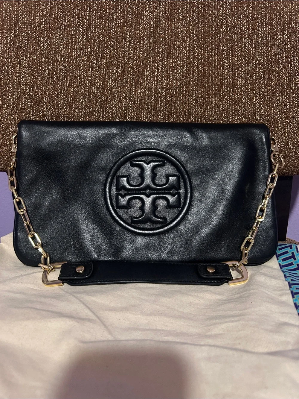 Tory Burch Black Leather Logo Chain-Handle Clutch